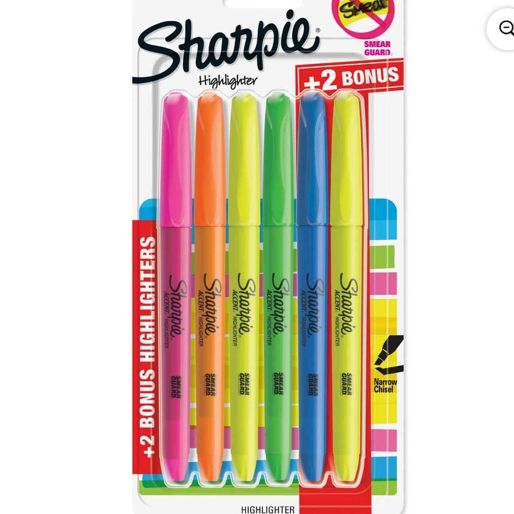 Sharpie 6 Count Narrow Chisel Tip Smear Guard Vivid Neon Highlighters NWT